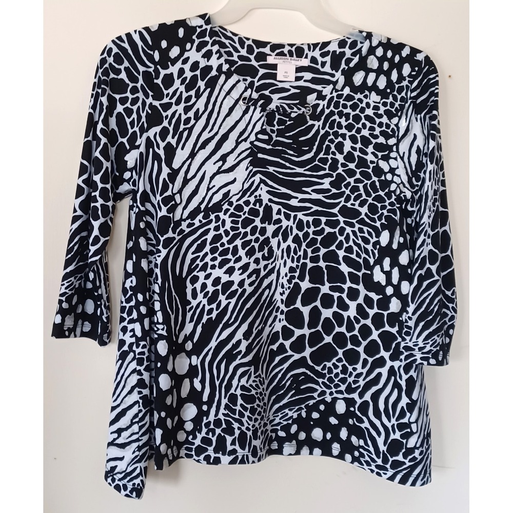 Allison Daley Petites Small Animal Print 3/4 Sleeve Top Black White Silver Glam